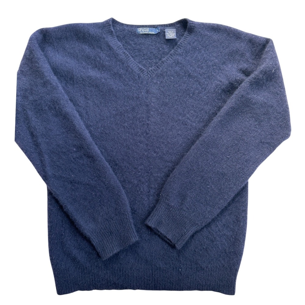 Polo Ralph Lauren Cashmere V-Neck Sweater Women Large Navy Blue Excellent Luxury